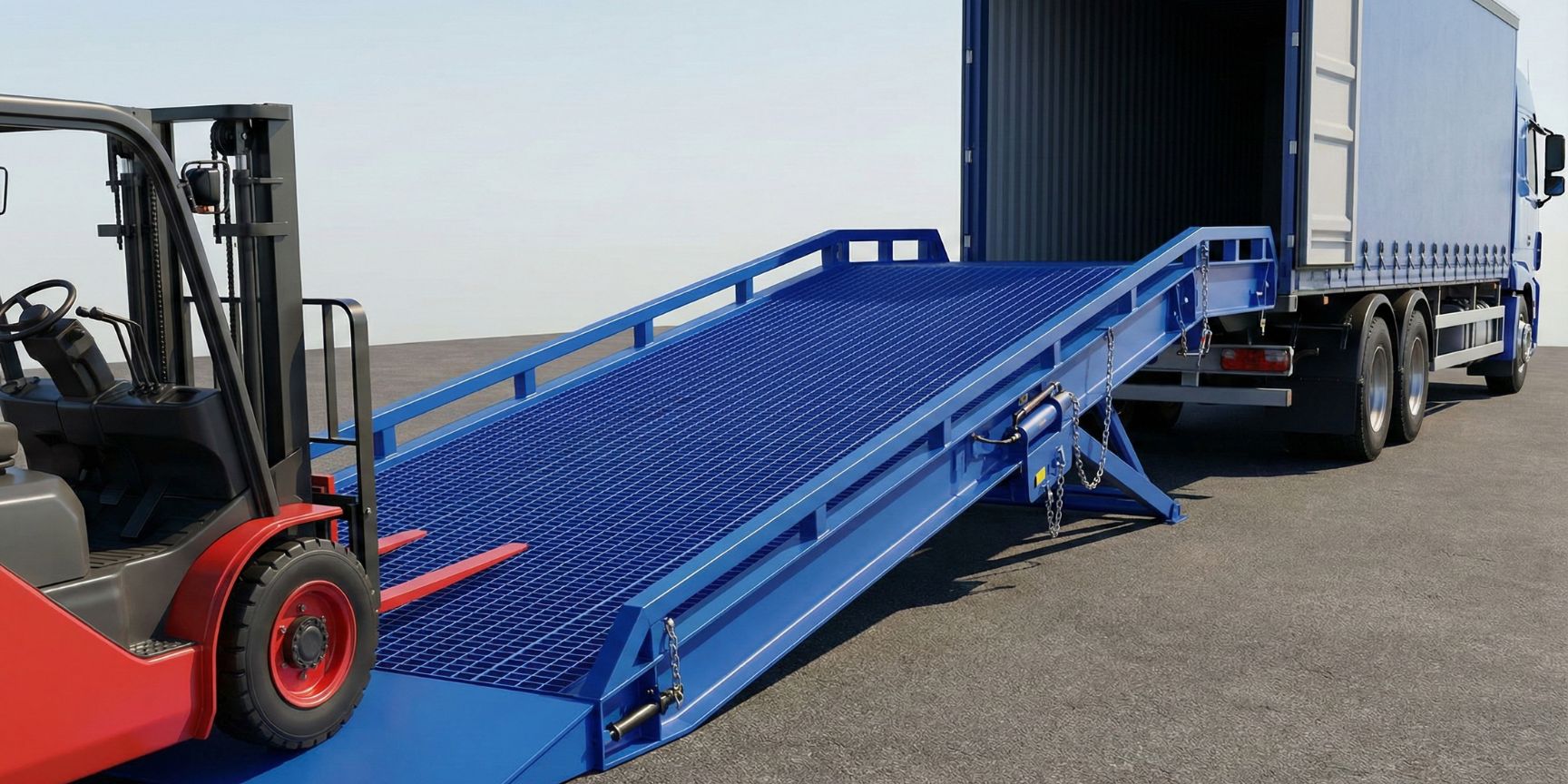 Fixed concrete adaptation ramp at a logistics property, on which a yellow forklift truck drives from the courtyard into the hall gate. The ramp has a safety railing and a ribbed, anti-slip surface